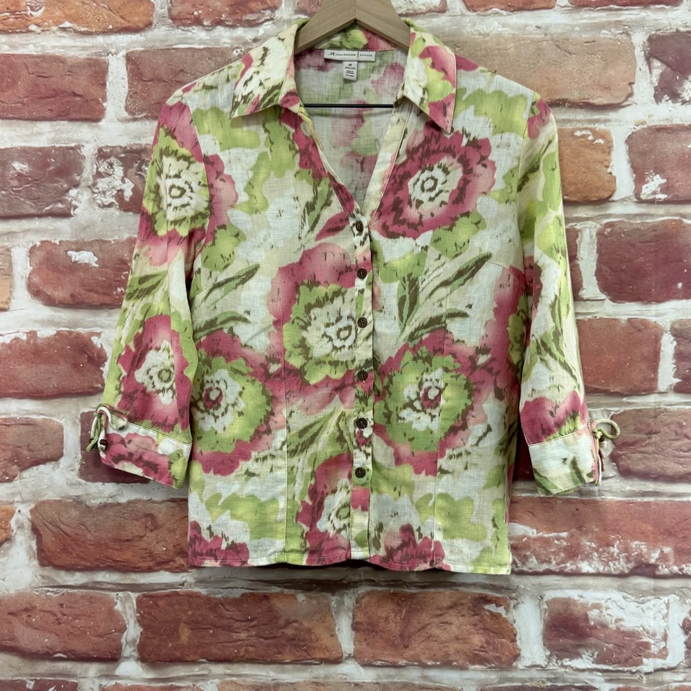 JM Collection Top Womens 4P Multicolor 100% Linen Garden Floral Abstract Shirt
